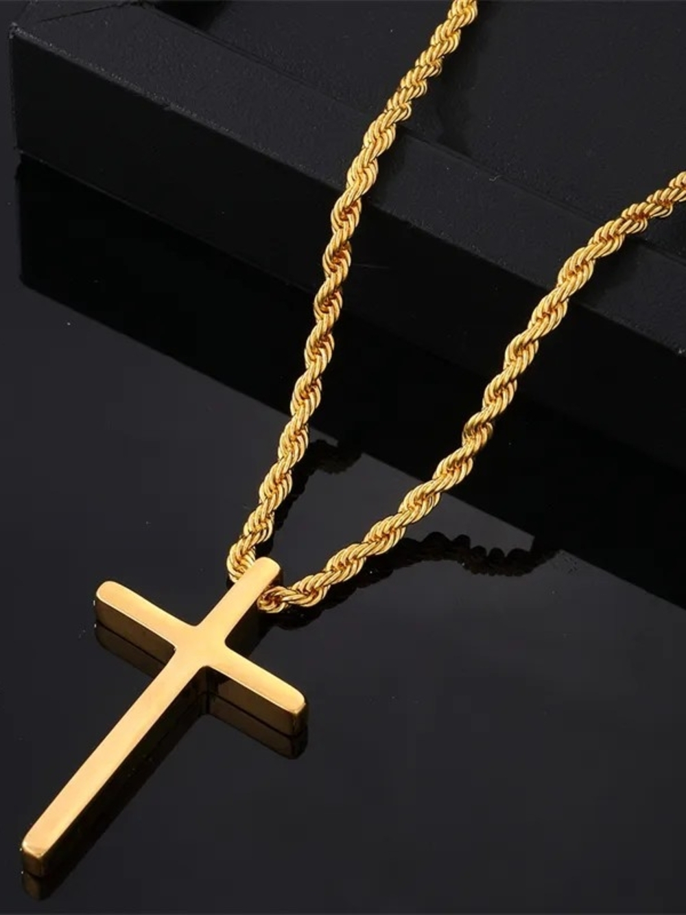 Gold Cross Pendant Necklace for Men - Classic Rope Chain